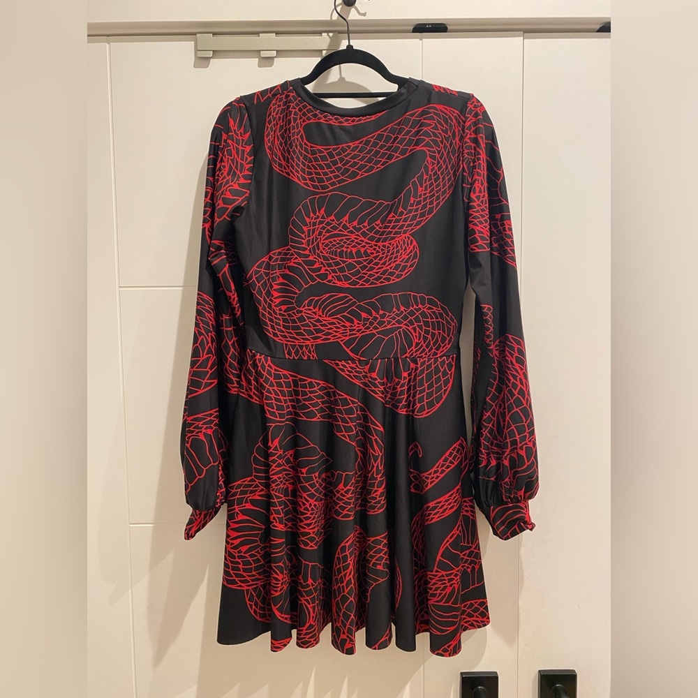 Blackmilk Black & Red Long-Sleeve Skater Midi Dress - Picture 5 of 8
